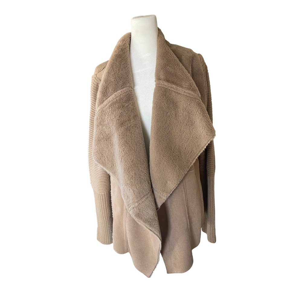 Hazel Womens Faux Fur Trim Drape Front Knit Coatigan L Tan Winter Cozy Boho